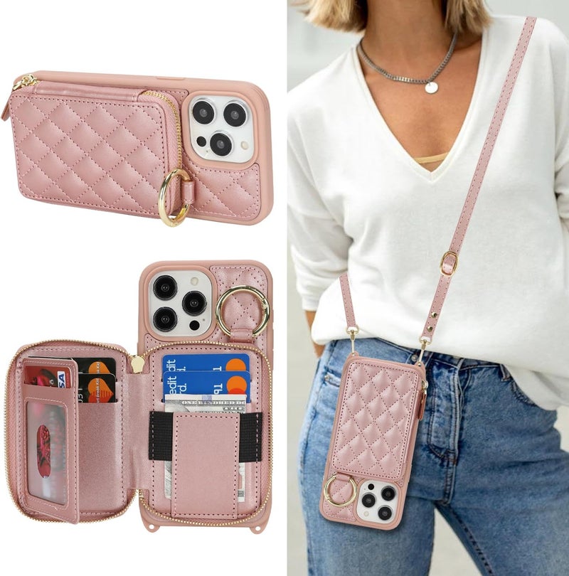 Hamany Crossbody Wallet Case for iPhone 15 Pro Max, PU Leather Zipper Handbag Purse Flip Cover, Kickstand Folio Case with Card Slots Holder Wrist Strap Lanyard 5G 6.7 Inch-Rose Gold - Image 1